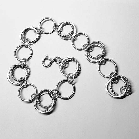 Silver Handmade textured chain link bracelet chainmail Hammered and beaded rings 18 gauge